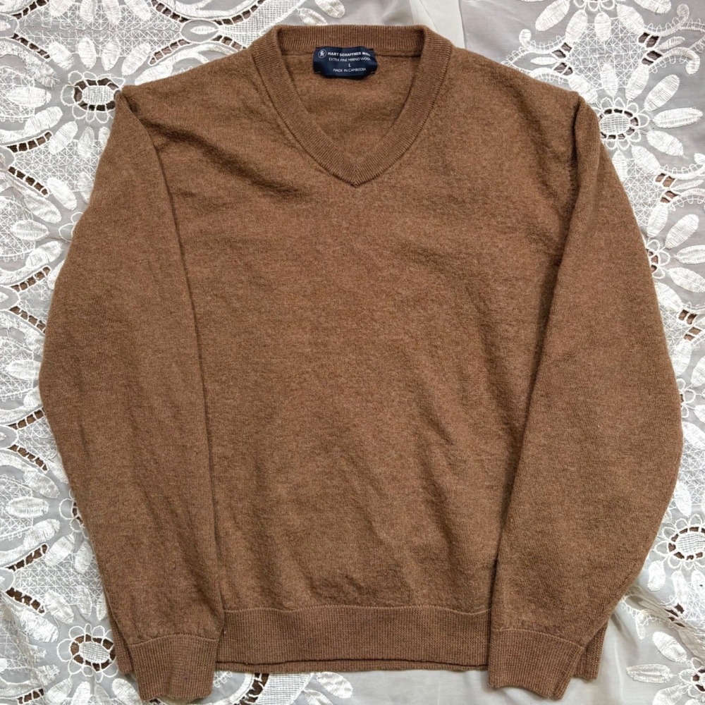 Fall Winter Brown Extra Fine Merino Wool V-Neck Sweater Large